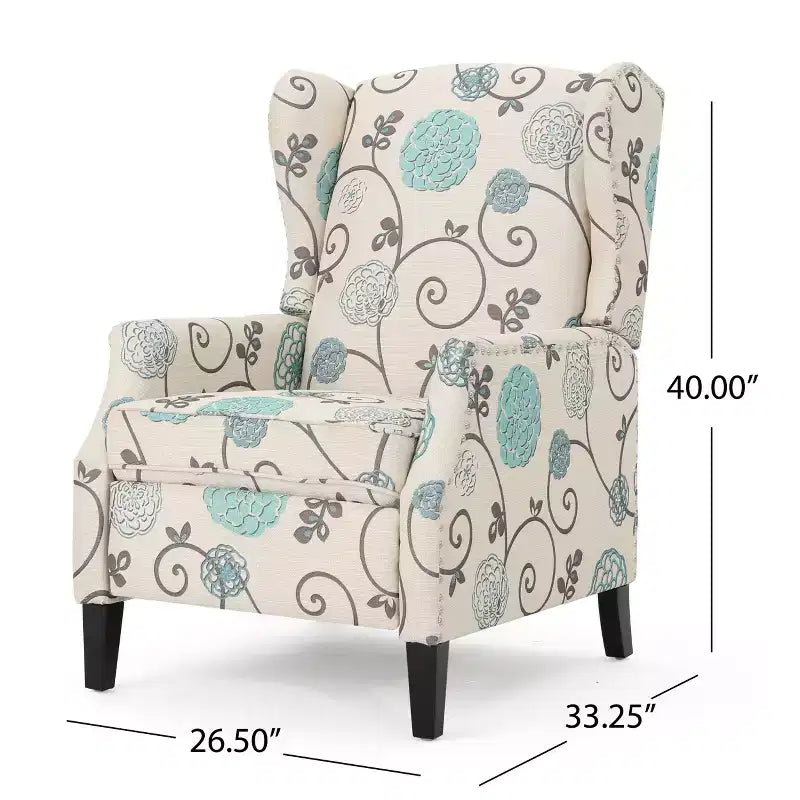 Contemporary Fabric Wingback Pushback Recliner, Light Beige and Blue Floral