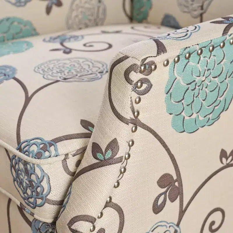 Contemporary Fabric Wingback Pushback Recliner, Light Beige and Blue Floral