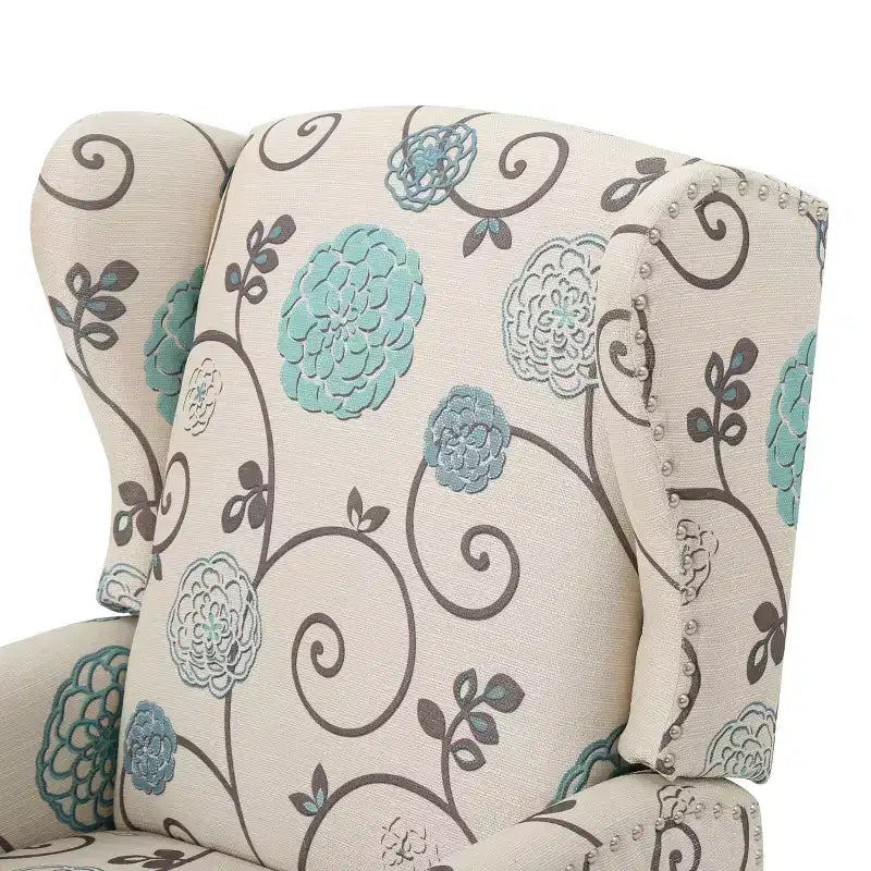 Contemporary Fabric Wingback Pushback Recliner, Light Beige and Blue Floral