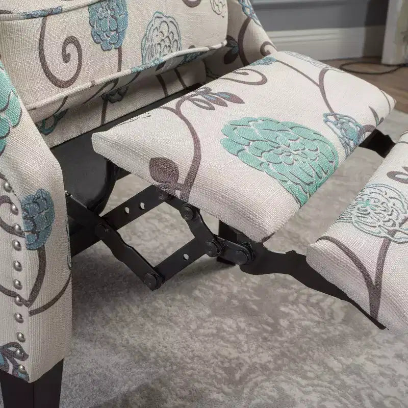 Contemporary Fabric Wingback Pushback Recliner, Light Beige and Blue Floral