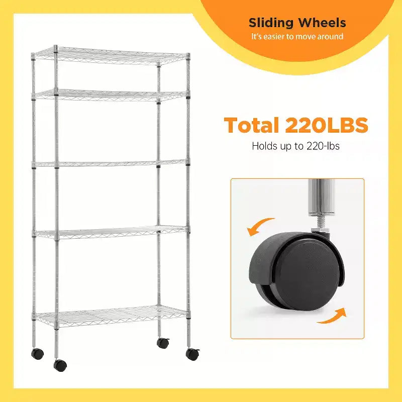 5 Tier Wire Rack with Casters - Heavy Duty Metal Storage Shelving Unit