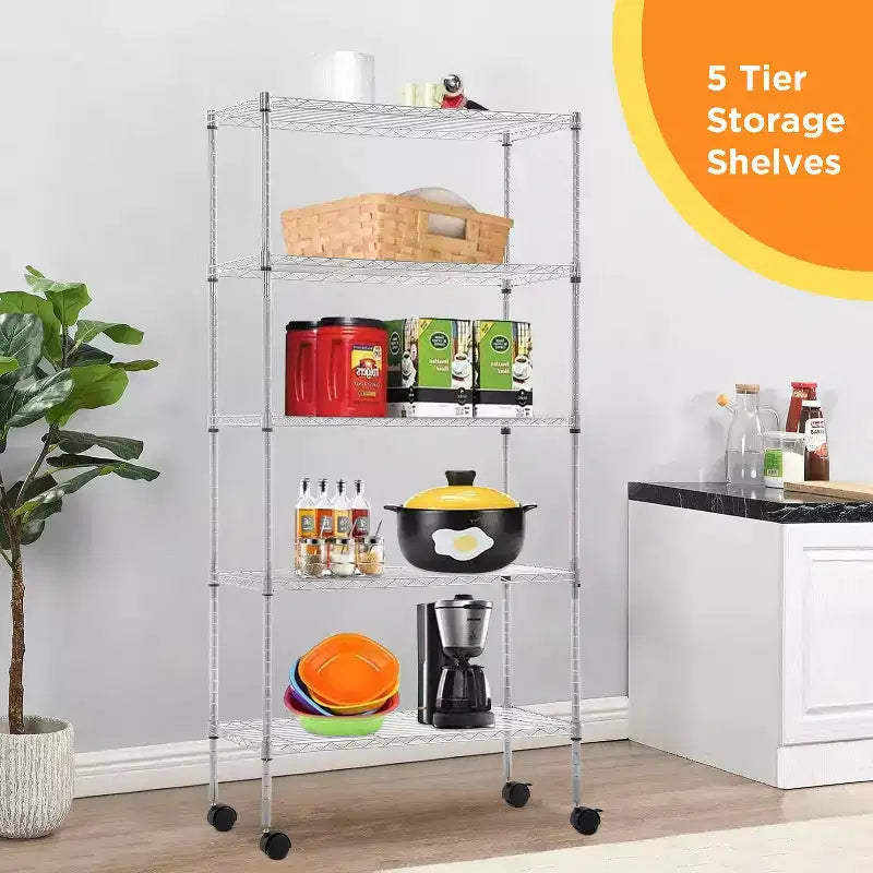 5 Tier Wire Rack with Casters - Heavy Duty Metal Storage Shelving Unit