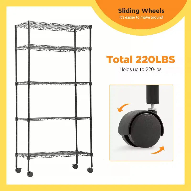 5 Tier Wire Rack with Casters - Heavy Duty Metal Storage Shelving Unit