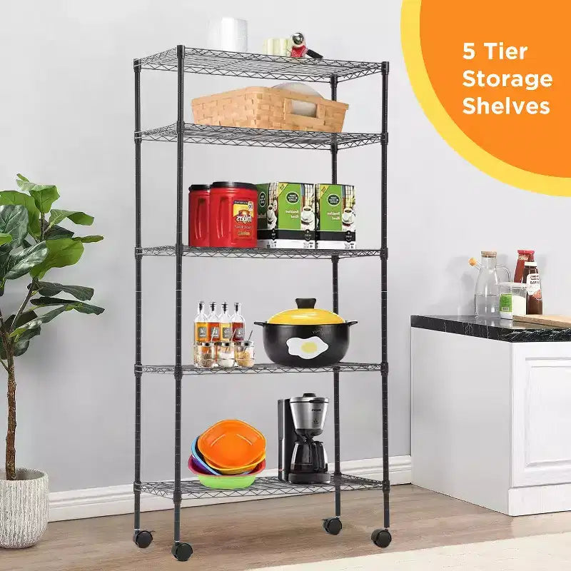 5 Tier Wire Rack with Casters - Heavy Duty Metal Storage Shelving Unit