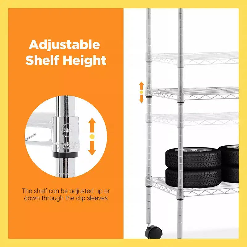 5 Tier Wire Rack with Casters - Heavy Duty Metal Storage Shelving Unit