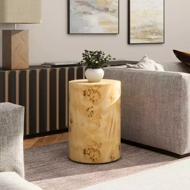 22" Accent Pillar Side Table - Warm Natural Brown Burl Wood