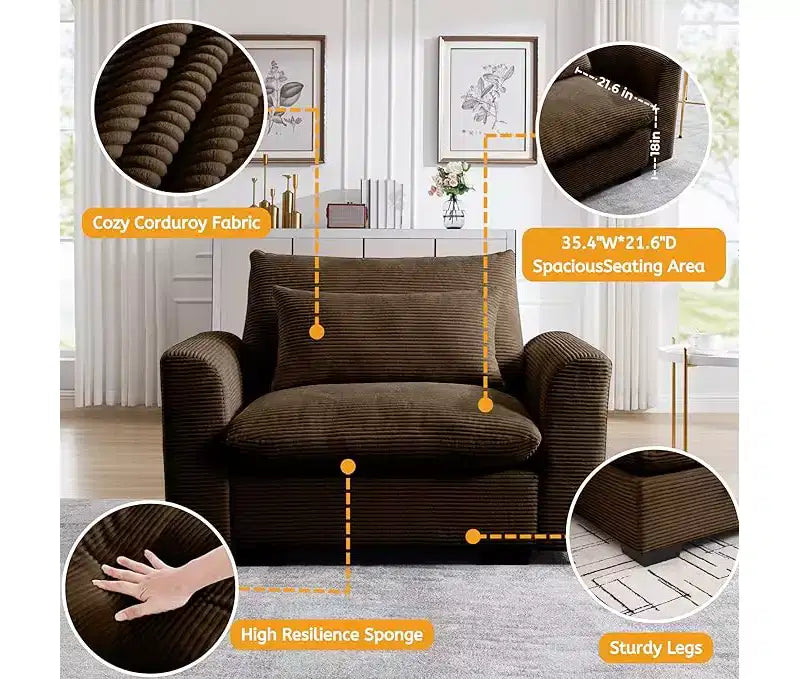 Corduroy 33.8" Deep Seat Single Sofa Accent Chair with Waist Pillow