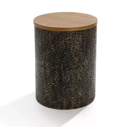 LuxenHome 20.3 Round Side Table, Iron End Table with Wood Top, Black and Gold Hammered, Small Side Table for Living Room, Bedroom, Couch Multicolored