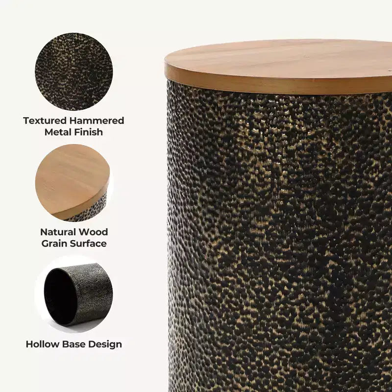 20.3" Round Side Table, Iron End Table with Wood Top, Black and Gold Hammered, Small Side Table for Living Room, Bedroom