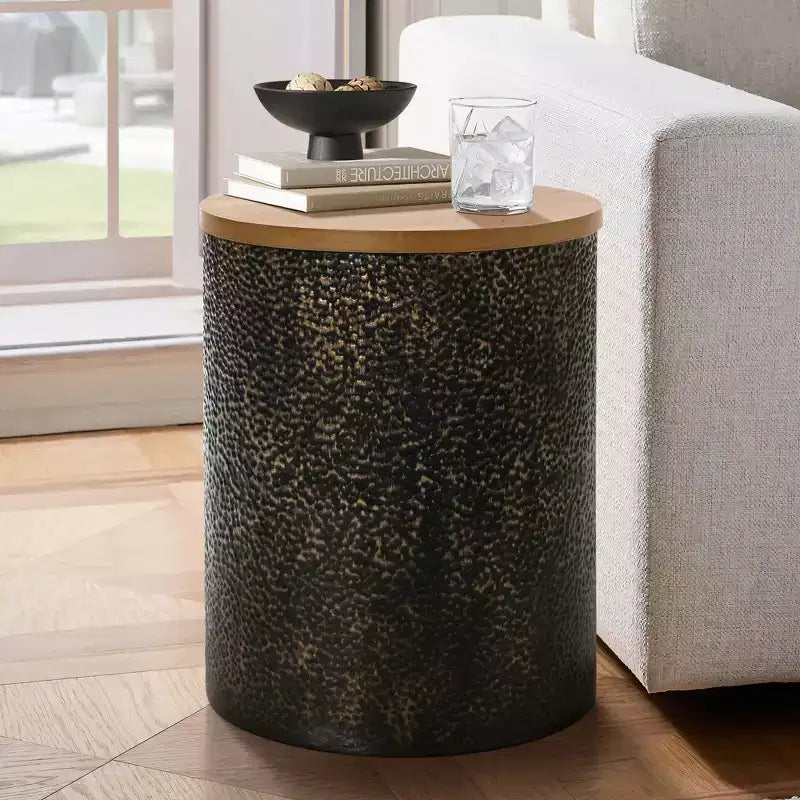 20.3" Round Side Table, Iron End Table with Wood Top, Black and Gold Hammered, Small Side Table for Living Room, Bedroom