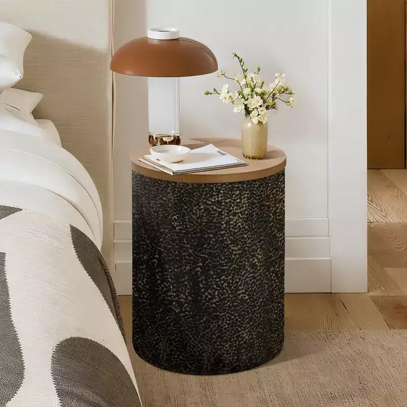 20.3" Round Side Table, Iron End Table with Wood Top, Black and Gold Hammered, Small Side Table for Living Room, Bedroom