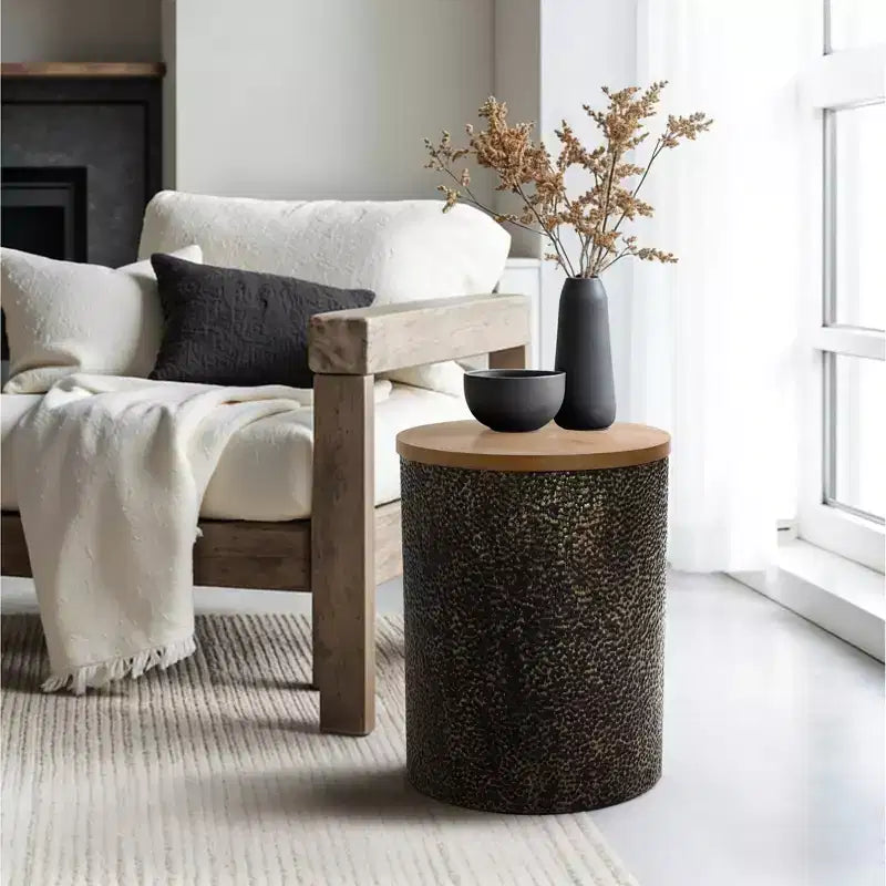 20.3" Round Side Table, Iron End Table with Wood Top, Black and Gold Hammered, Small Side Table for Living Room, Bedroom