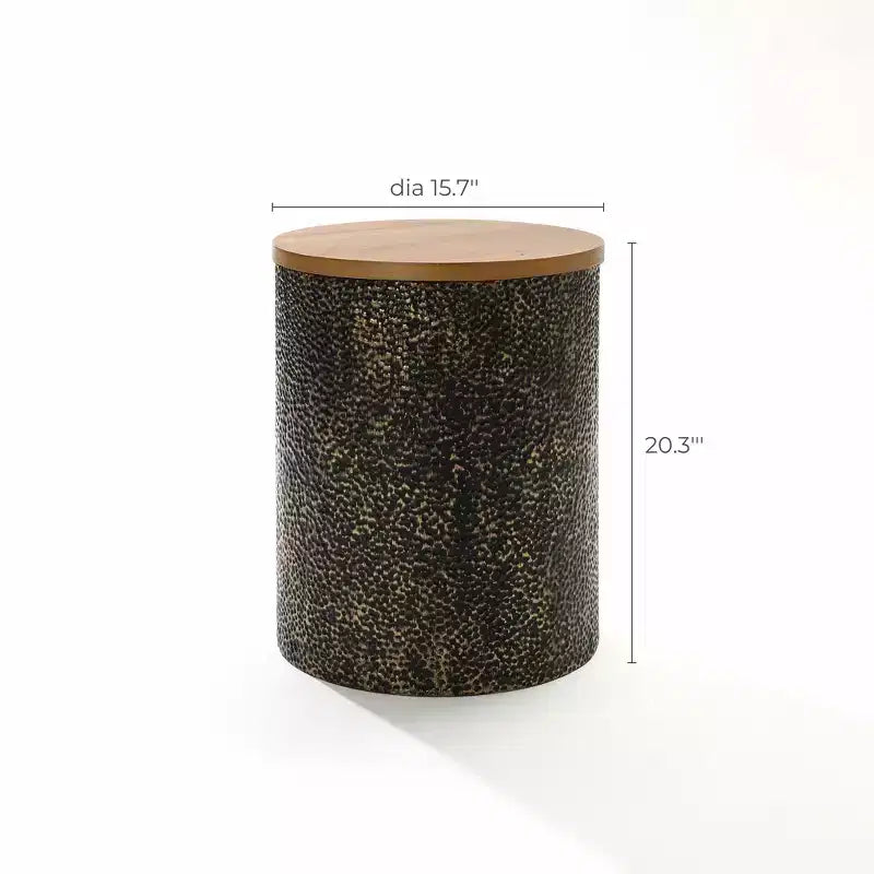 20.3" Round Side Table, Iron End Table with Wood Top, Black and Gold Hammered, Small Side Table for Living Room, Bedroom