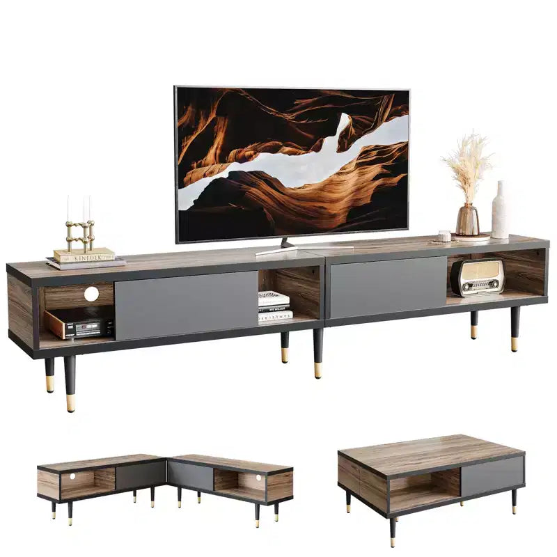 80" Mid Century Modern TV Stand & Coffee Table, 2-in-1 Entertainment Center for TVs up to 85"