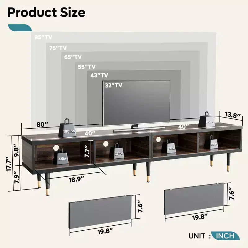 80" Mid Century Modern TV Stand & Coffee Table, 2-in-1 Entertainment Center for TVs up to 85"