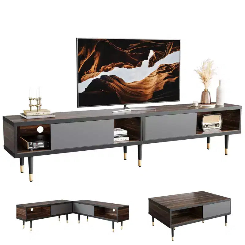 80" Mid Century Modern TV Stand & Coffee Table, 2-in-1 Entertainment Center for TVs up to 85"