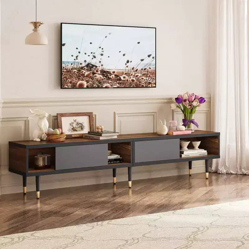 Bestier 80 Mid Century Modern TV Stand Entertainment Center for TVs up to 85, 2-in-1 Long TV Console, Square Coffee Table with Sliding Door