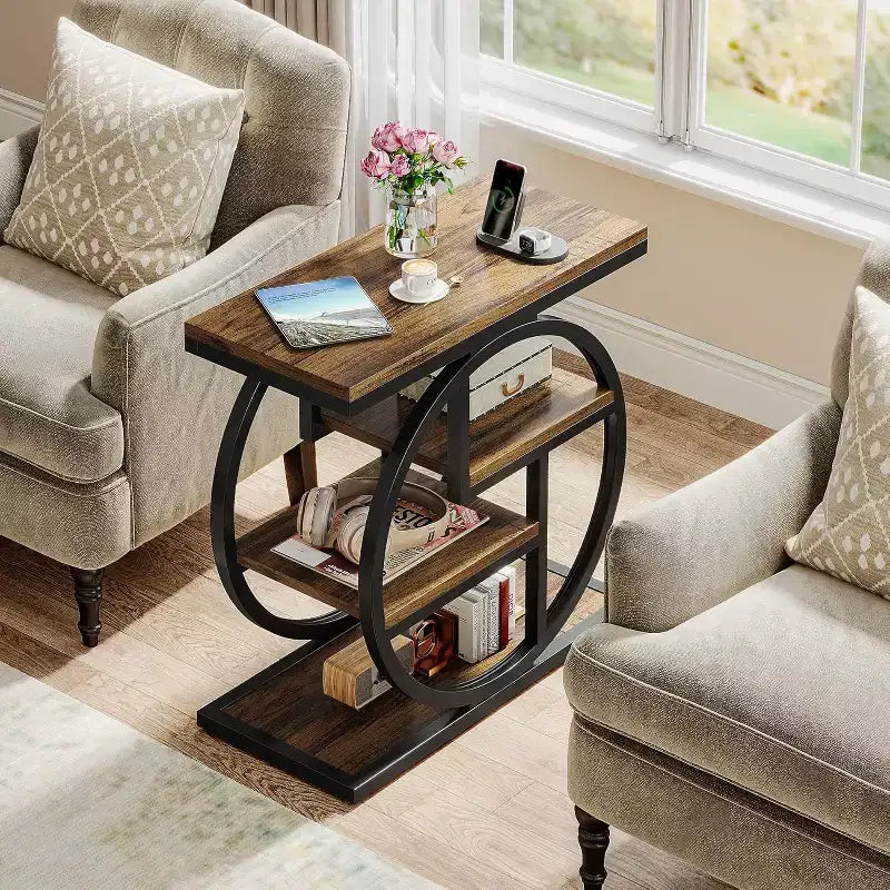4-Tier End Table, Narrow Bedside Table with Storage Shelf