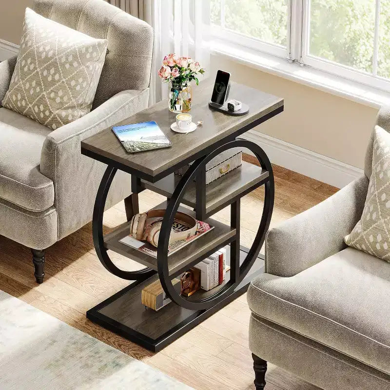 4-Tier End Table, Narrow Bedside Table with Storage Shelf