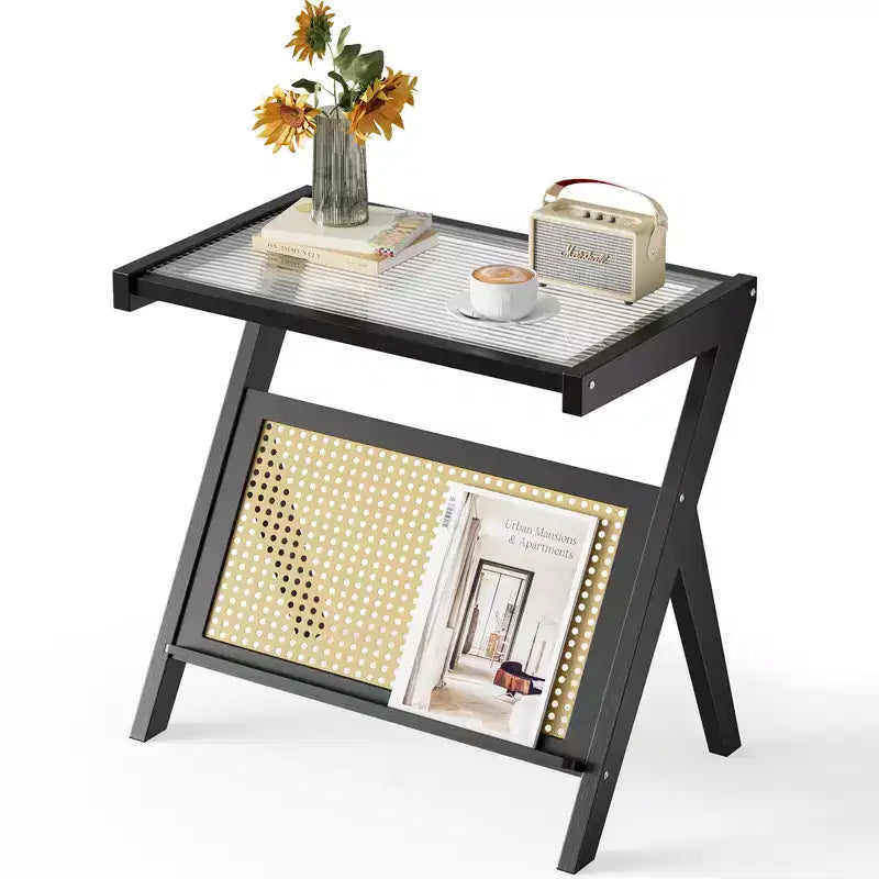 Rattan Accent Side Table with Tempered Glass Top Bamboo Woven Frame Modern Black Bedside Nightstand
