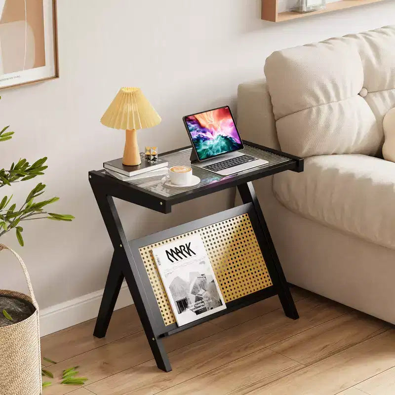 Rattan Accent Side Table with Tempered Glass Top Bamboo Woven Frame Modern Black Bedside Nightstand