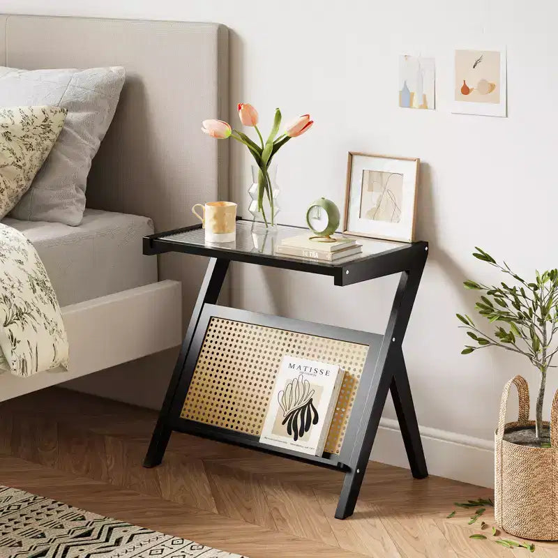 Rattan Accent Side Table with Tempered Glass Top Bamboo Woven Frame Modern Black Bedside Nightstand