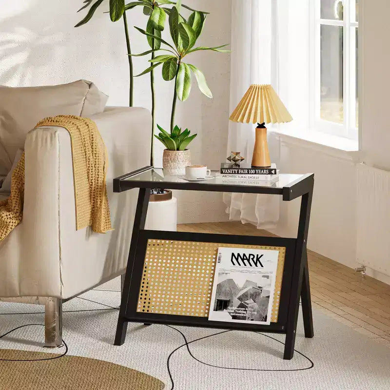 Rattan Accent Side Table with Tempered Glass Top Bamboo Woven Frame Modern Black Bedside Nightstand