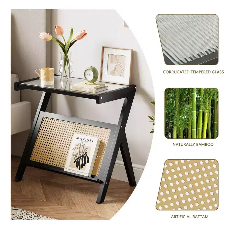 Rattan Accent Side Table with Tempered Glass Top Bamboo Woven Frame Modern Black Bedside Nightstand