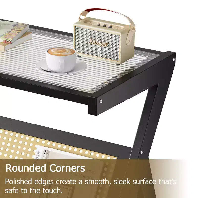 Rattan Accent Side Table with Tempered Glass Top Bamboo Woven Frame Modern Black Bedside Nightstand