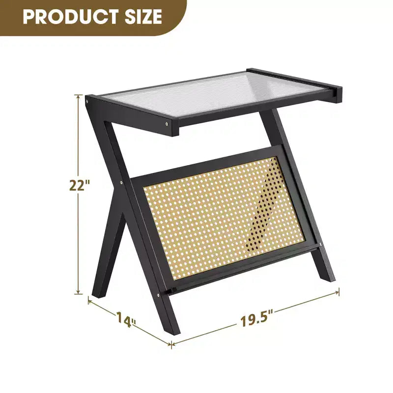 Rattan Accent Side Table with Tempered Glass Top Bamboo Woven Frame Modern Black Bedside Nightstand
