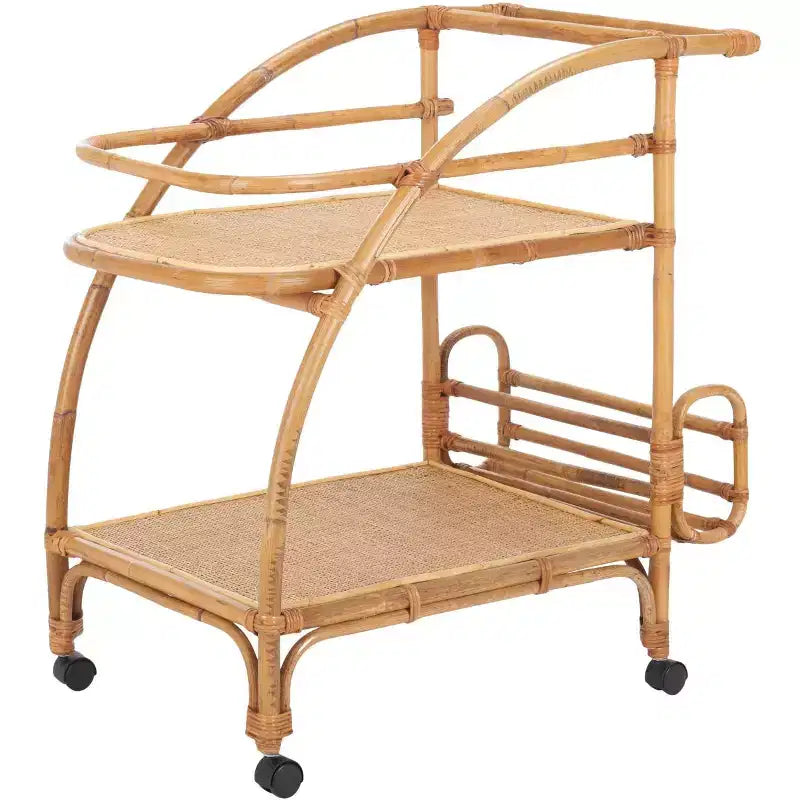2-Tier Rattan Bar Cart with Brass Hardware