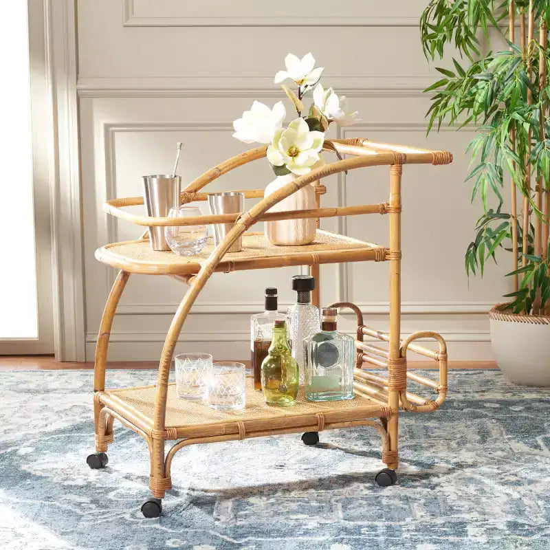 2-Tier Rattan Bar Cart with Brass Hardware