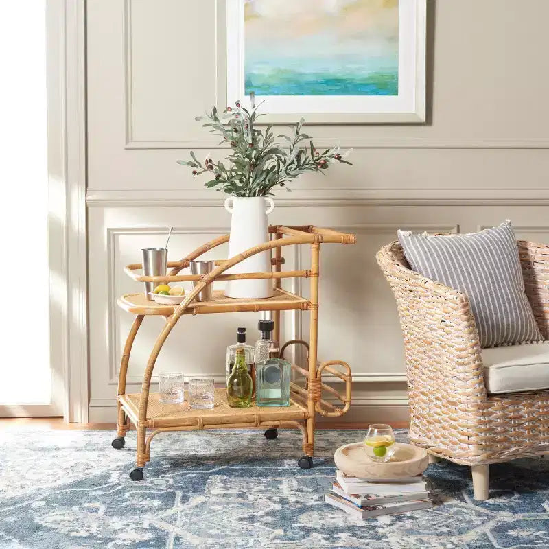2-Tier Rattan Bar Cart with Brass Hardware