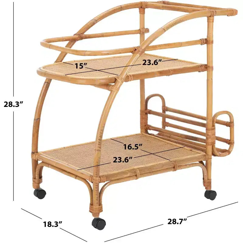 2-Tier Rattan Bar Cart with Brass Hardware