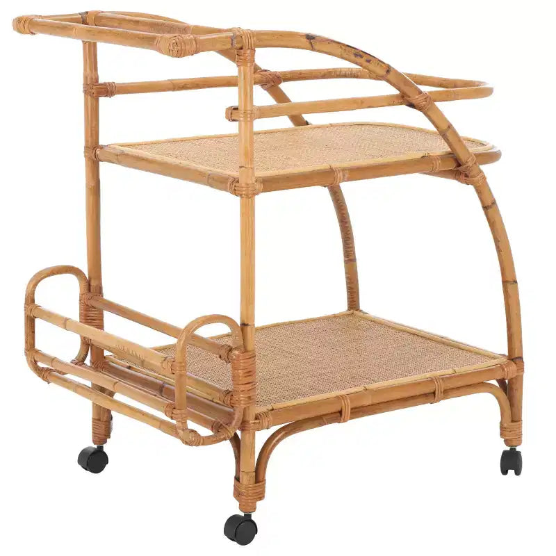 2-Tier Rattan Bar Cart with Brass Hardware