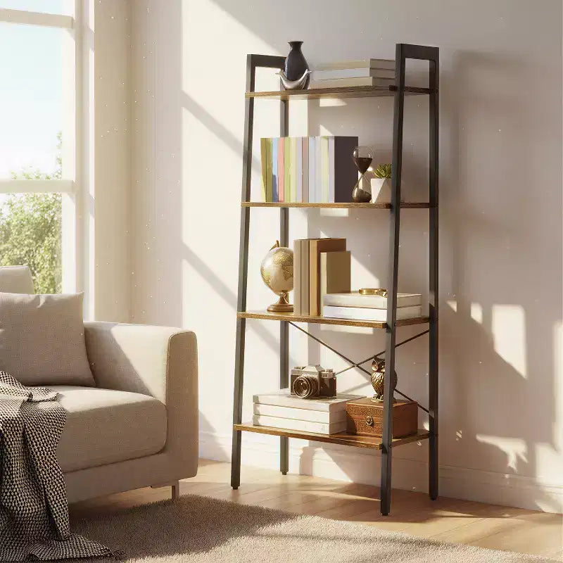 4-Tier Ladder Shelf Storage Rack Bookcase with Steel Frame