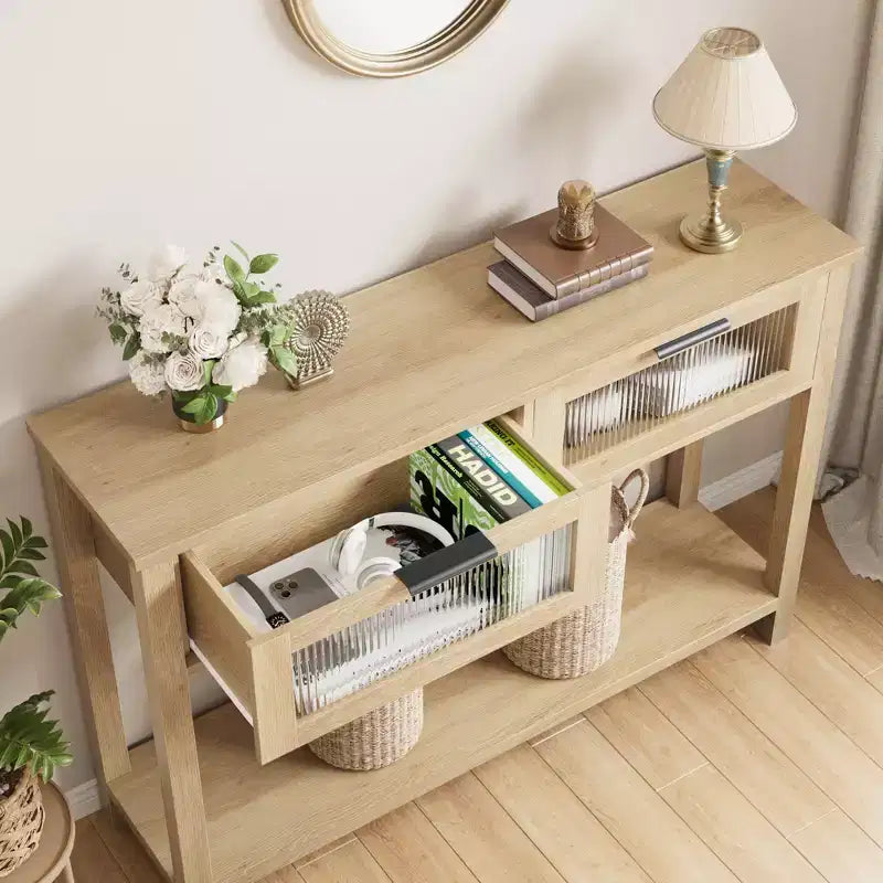 43-Inch Wood Console Table with 2 Glass Drawers & 2-Tier Storage