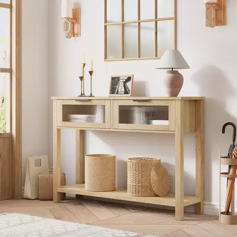 43-Inch Wood Console Table with 2 Glass Drawers & 2-Tier Storage
