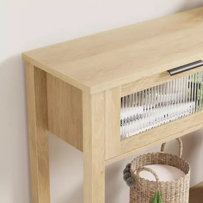 43-Inch Wood Console Table with 2 Glass Drawers & 2-Tier Storage