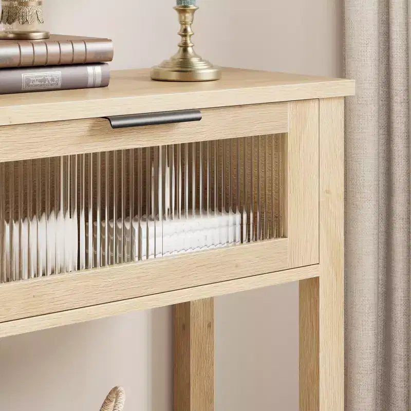 43-Inch Wood Console Table with 2 Glass Drawers & 2-Tier Storage