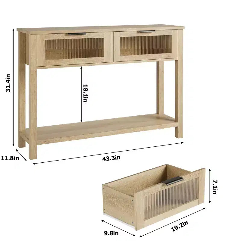 43-Inch Wood Console Table with 2 Glass Drawers & 2-Tier Storage