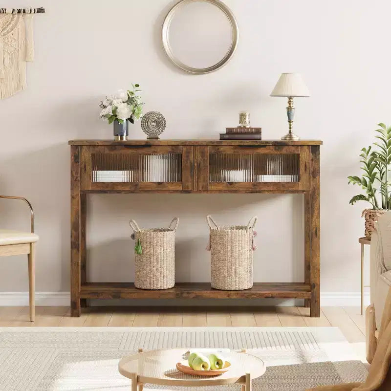 43-Inch Wood Console Table with 2 Glass Drawers & 2-Tier Storage