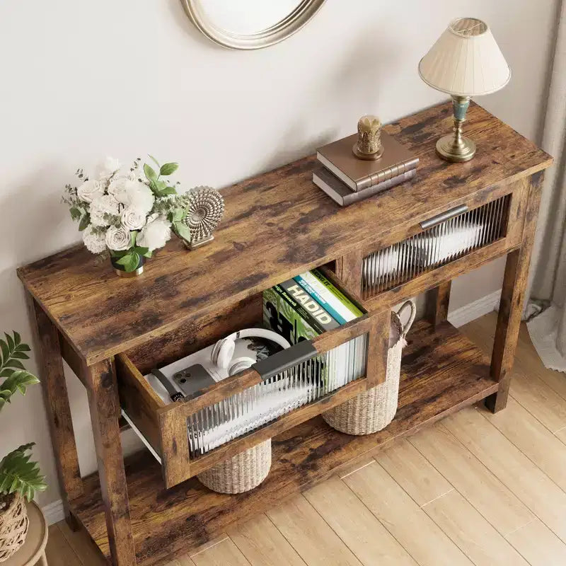 43-Inch Wood Console Table with 2 Glass Drawers & 2-Tier Storage