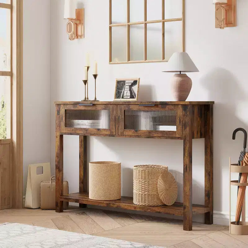 43-Inch Wood Console Table with 2 Glass Drawers & 2-Tier Storage
