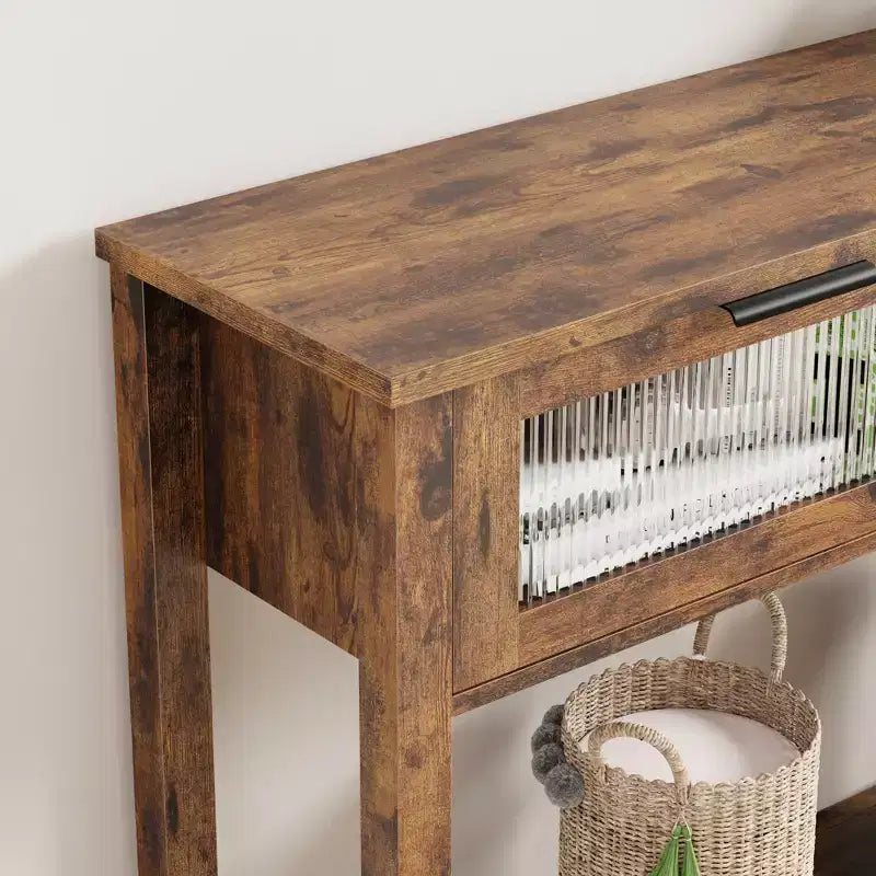 43-Inch Wood Console Table with 2 Glass Drawers & 2-Tier Storage