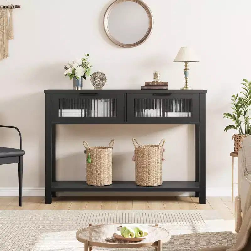 43-Inch Wood Console Table with 2 Glass Drawers & 2-Tier Storage