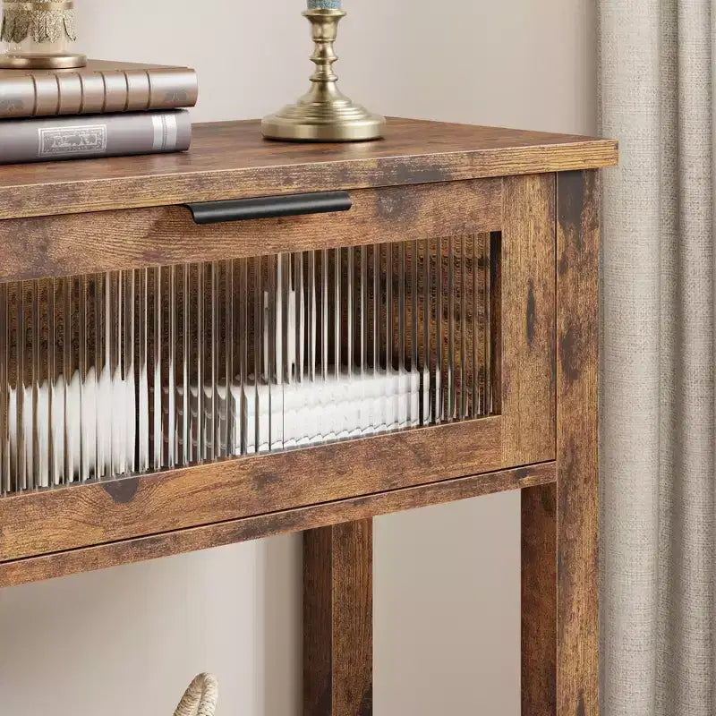 43-Inch Wood Console Table with 2 Glass Drawers & 2-Tier Storage