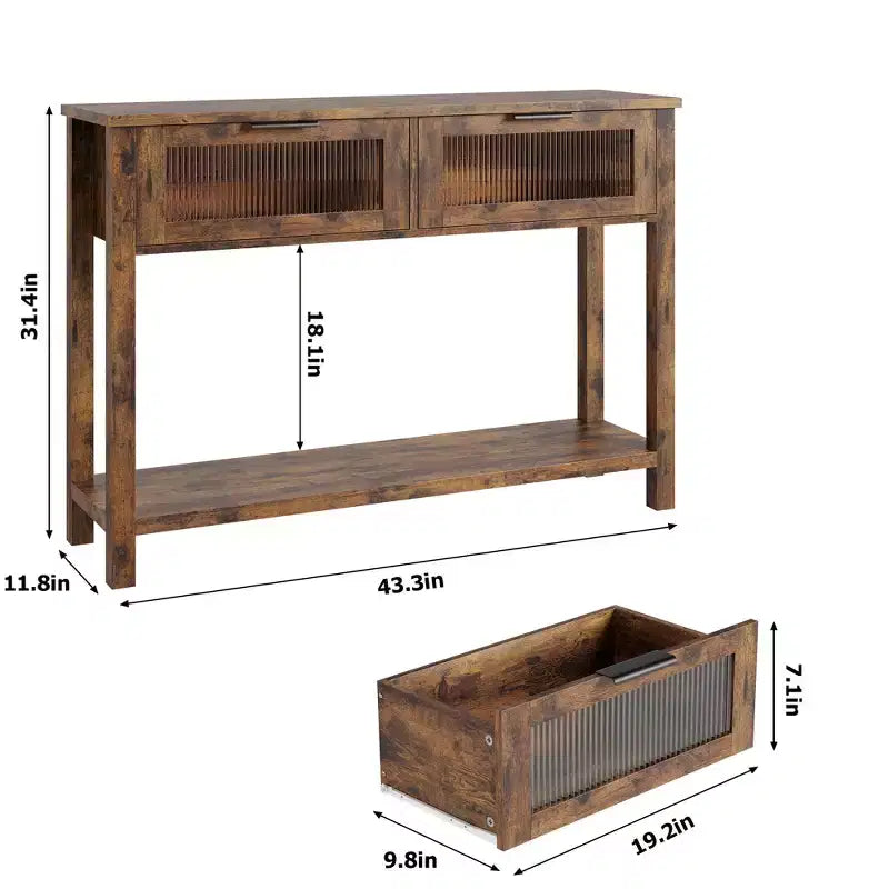 43-Inch Wood Console Table with 2 Glass Drawers & 2-Tier Storage