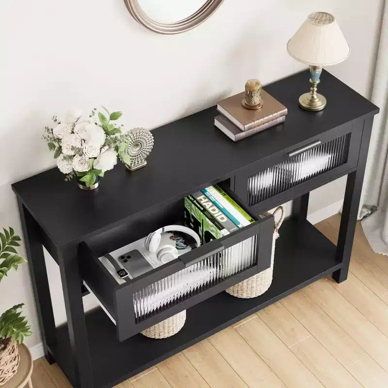 43-Inch Wood Console Table with 2 Glass Drawers & 2-Tier Storage