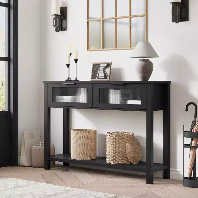 43-Inch Wood Console Table with 2 Glass Drawers & 2-Tier Storage
